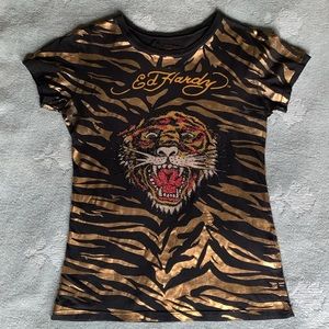 Ed Hardy Tiger Embellished Shirt with Beads and Gold Foil Print